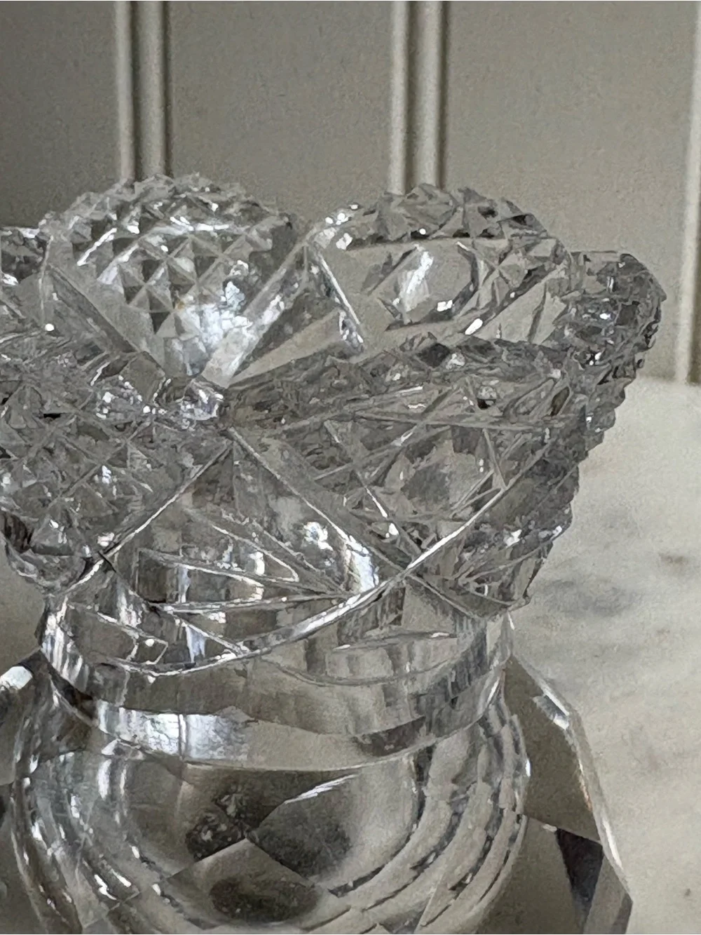 Vintage Diamond Cut Glass Bud Vase/Toothpick Holder VTG Retro Collectible Granny